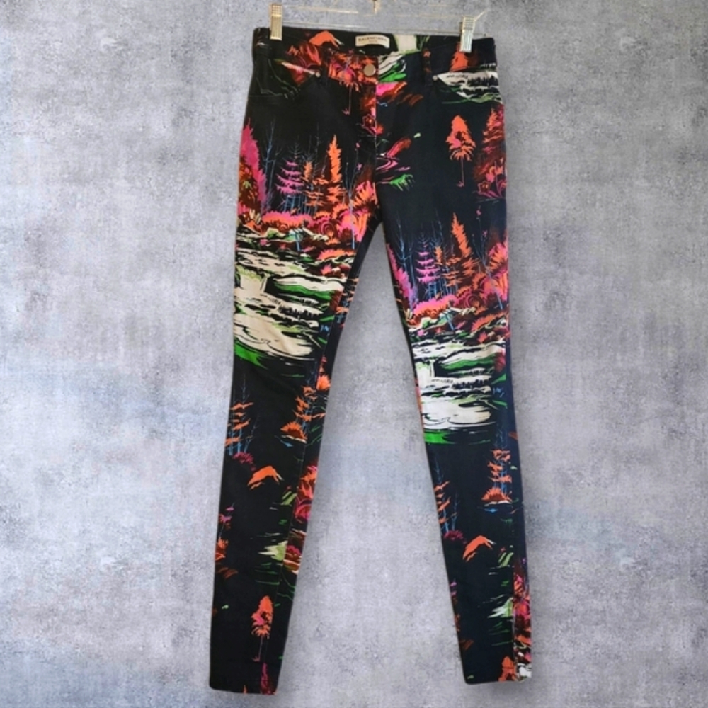 BALENCIAGA Black Pink Red Blue Green Tree River Scenic Pant Jean Leggings Sz. 38